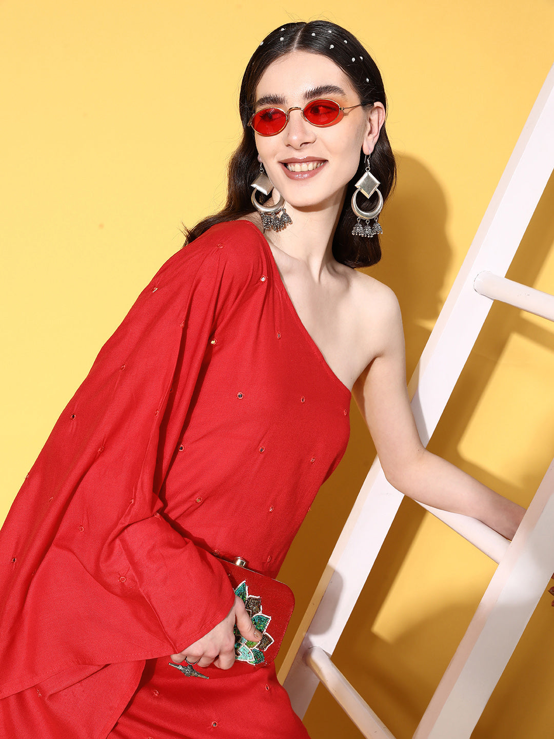 InWeave Women's Red Mirror Work One Shoulder Kurta Set - Distacart