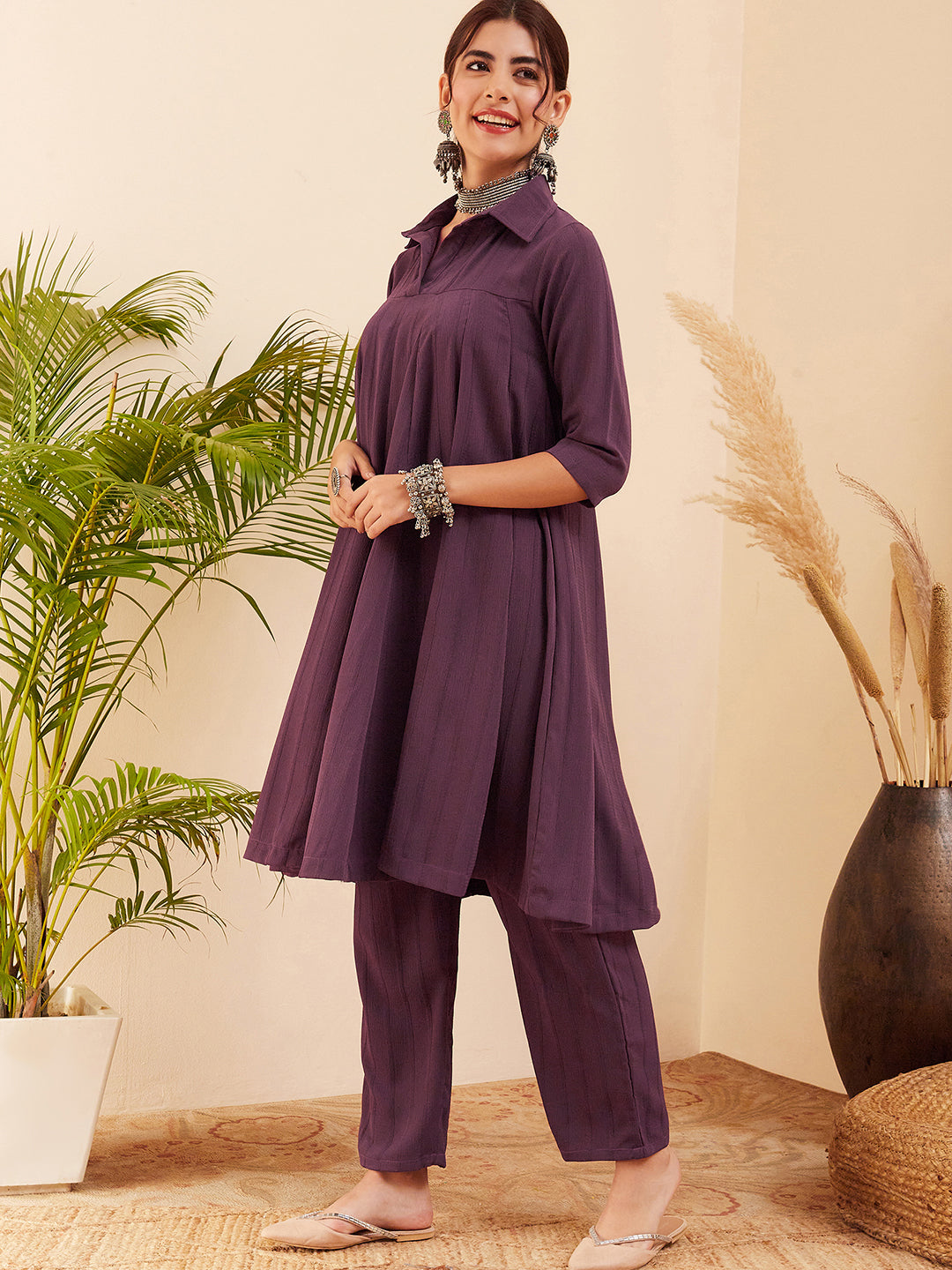 InWeave Women's Graphite Grey Collared Neck Flared Kurta Pant Set - Distacart