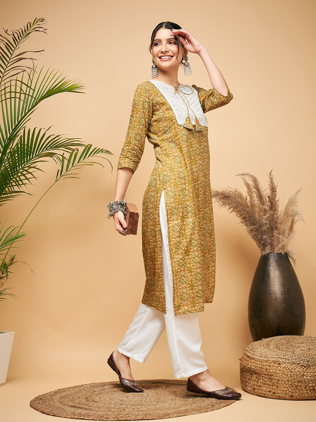 InWeave Women's Olive Ajrakh Print Cotton Patch Work Straight Kurta Pant Set - Distacart