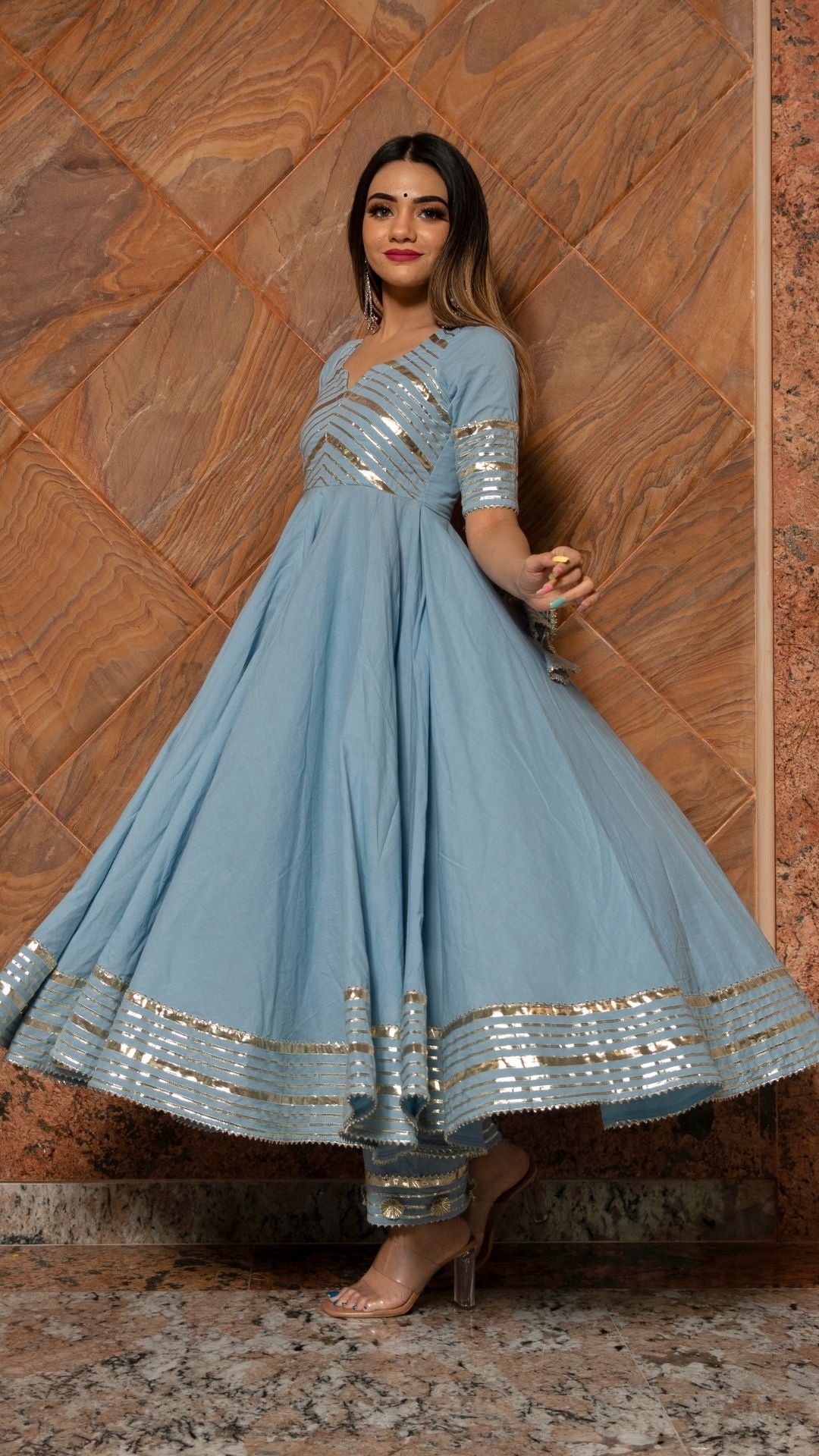 Buy Women Pastel Blue Embroidered Anarkali Suit Set With Mesh Dupatta -  Sorbet Hues - Indya