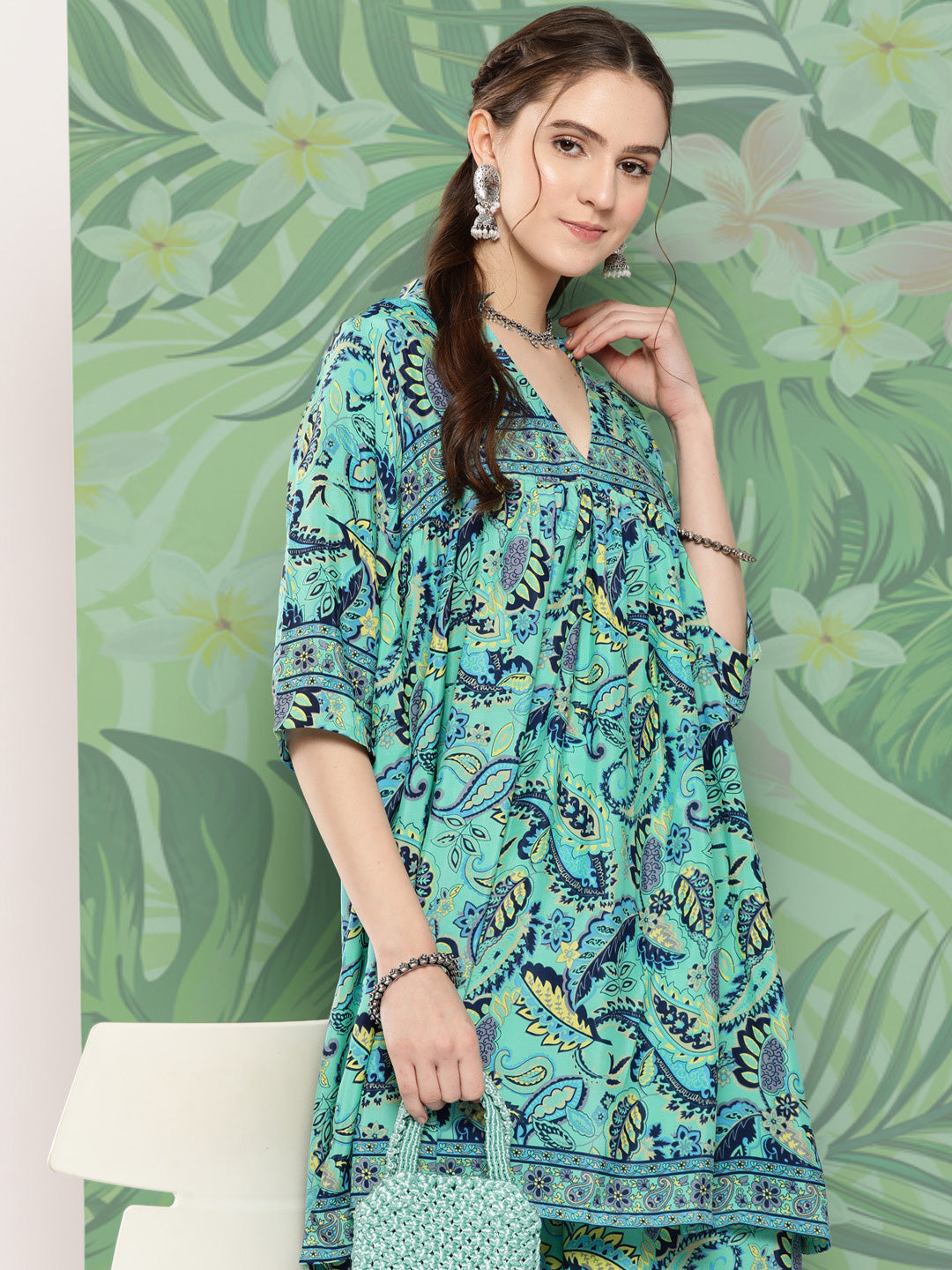 InWeave Women's Turquoise Blue Camelia Printed Ethnic Kurta Set - Distacart