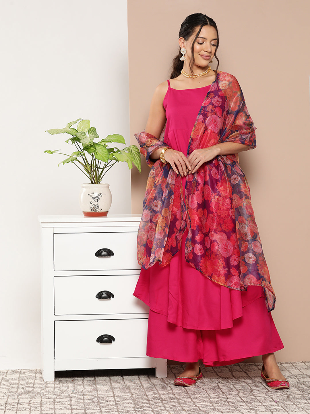 InWeave Women's Fuchsia Strappy Set With Navy Floral Organza Dupatta - Distacart