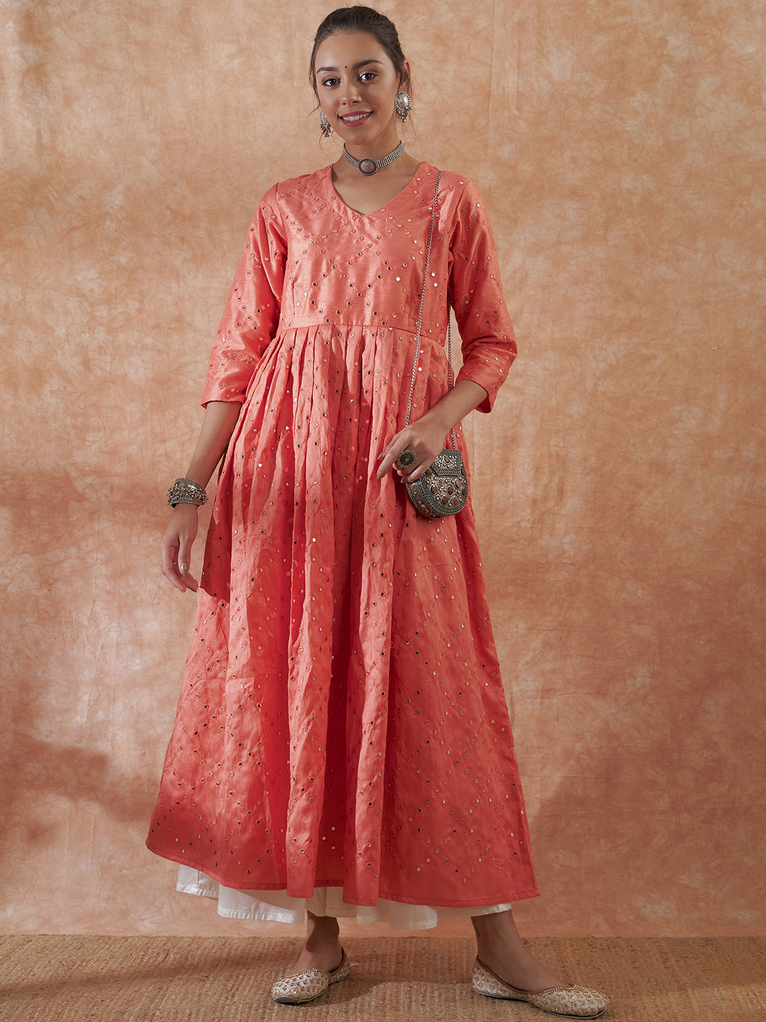 InWeave Women's Peach Mirror Work Long Anarkali Kurta - Distacart