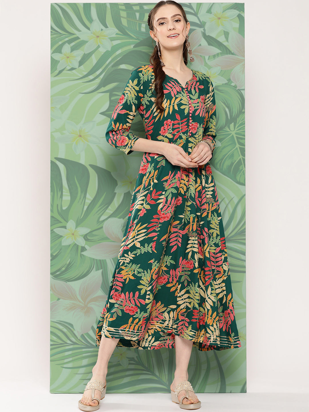 InWeave Women's Green Tropical Print Gota Long Dress - Distacart