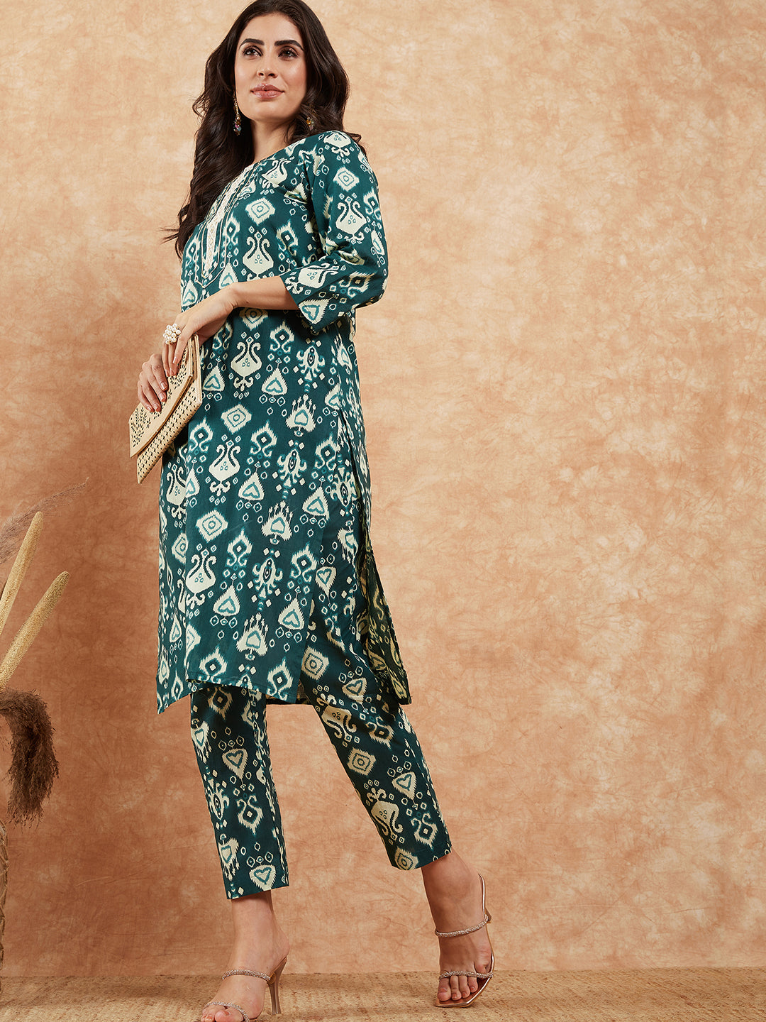 InWeave Women's Peacock Blue Ikkat Print Gota Work Straight Kurta Pant Set - Distacart