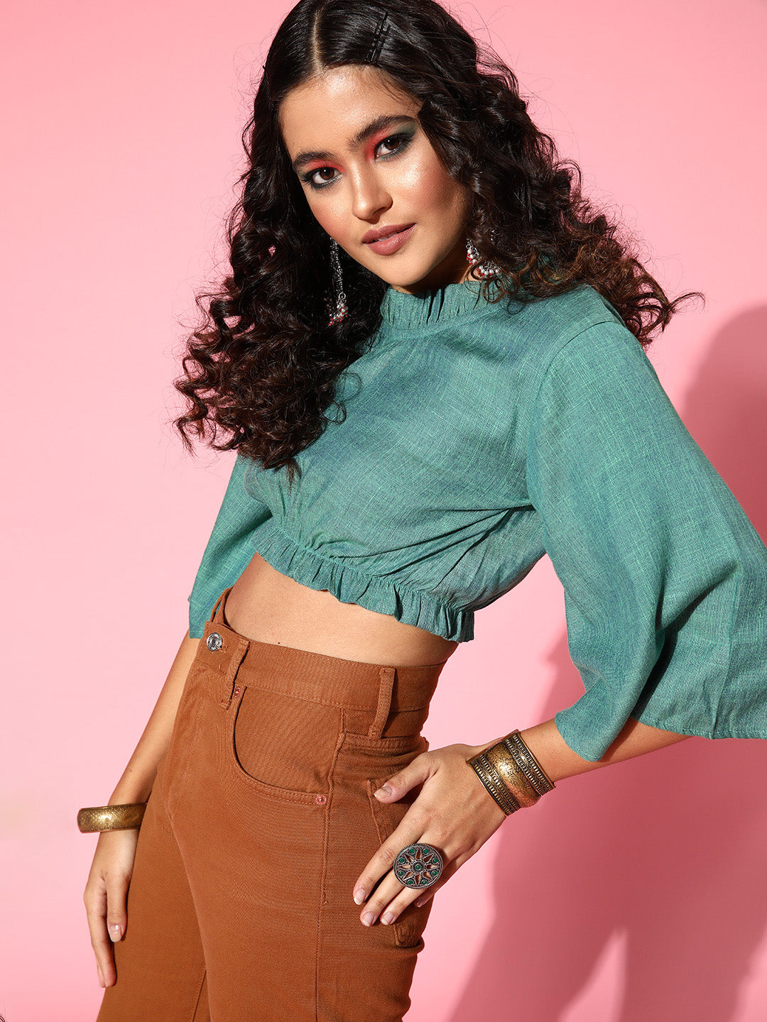 InWeave Women's Teal Blue High Neck Crop Top - Distacart