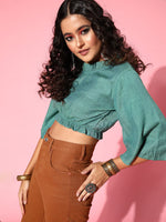 Thumbnail for InWeave Women's Teal Blue High Neck Crop Top - Distacart