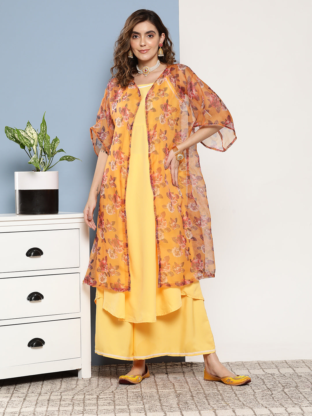 InWeave Women's Cassatta Yellow Cr Strappy Set With Mustard Brown Cape - Distacart