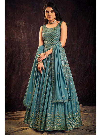 Myra Blue Real Georgette Designer Gown Style Suit - Distacart