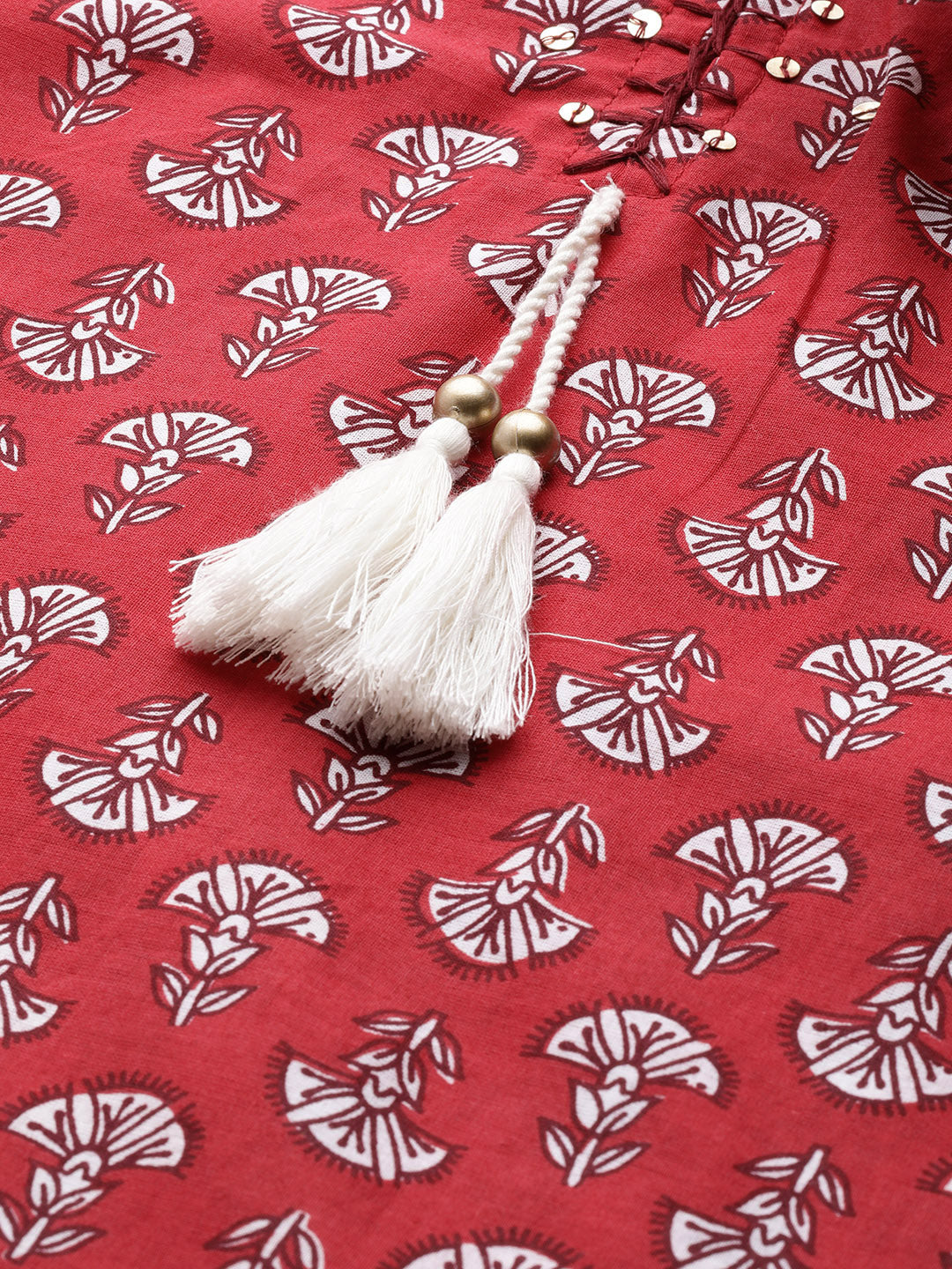 Varanga Red Cotton Printed Kurta With Dori & Tassels Detailing - Distacart