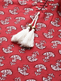 Thumbnail for Varanga Red Cotton Printed Kurta With Dori & Tassels Detailing - Distacart