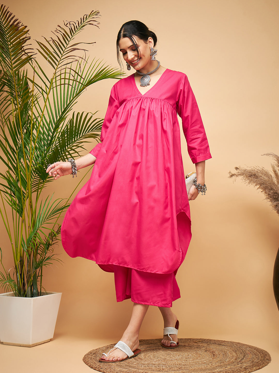 InWeave Women's Fuchsia Flared Kurta Palazzo Set - Distacart