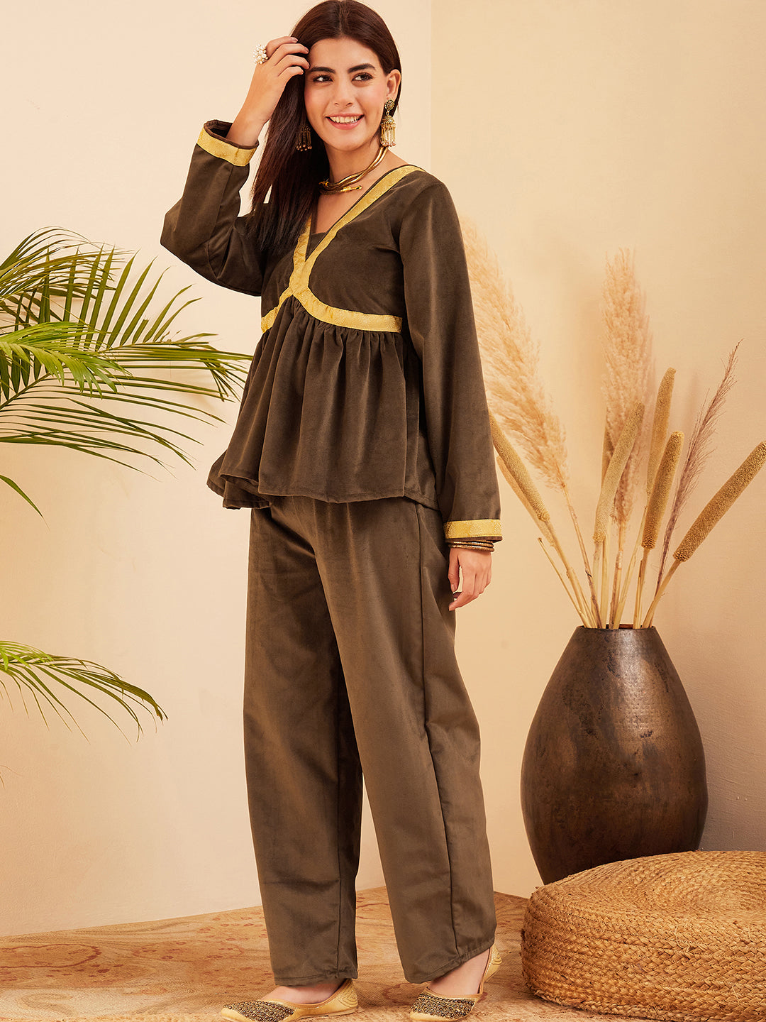 InWeave Women's Brown Mughal Shaan Style Velvet Short Kurta Set - Distacart