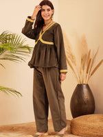 Thumbnail for InWeave Women's Brown Mughal Shaan Style Velvet Short Kurta Set - Distacart