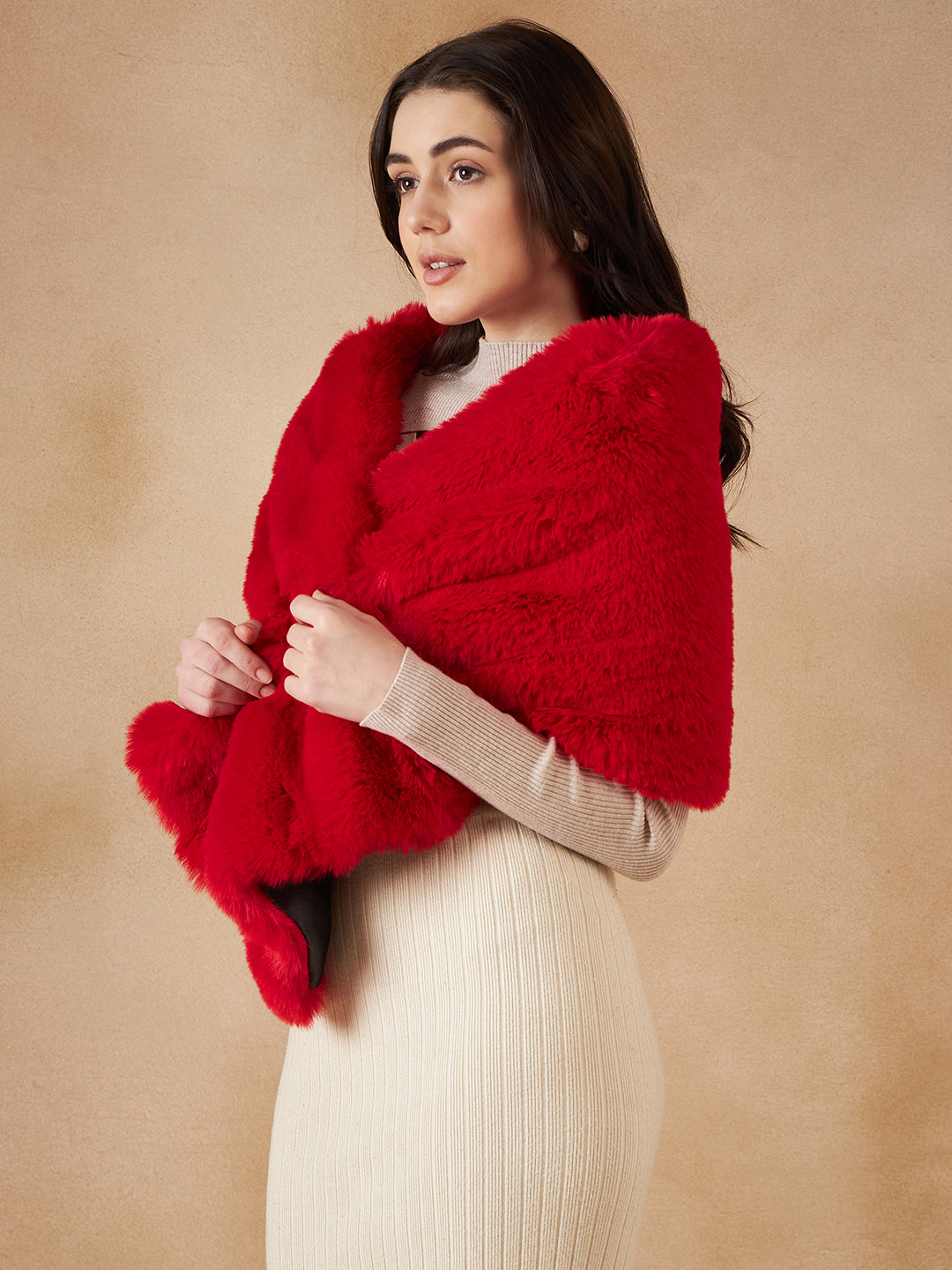 InWeave Women's Cherry Red Long Faux Fur Cape - Distacart