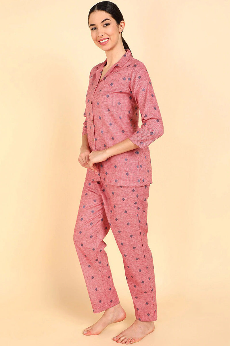 Women's Pink Pure Cotton Geometric Print Night Suit - Rasiya - Distacart
