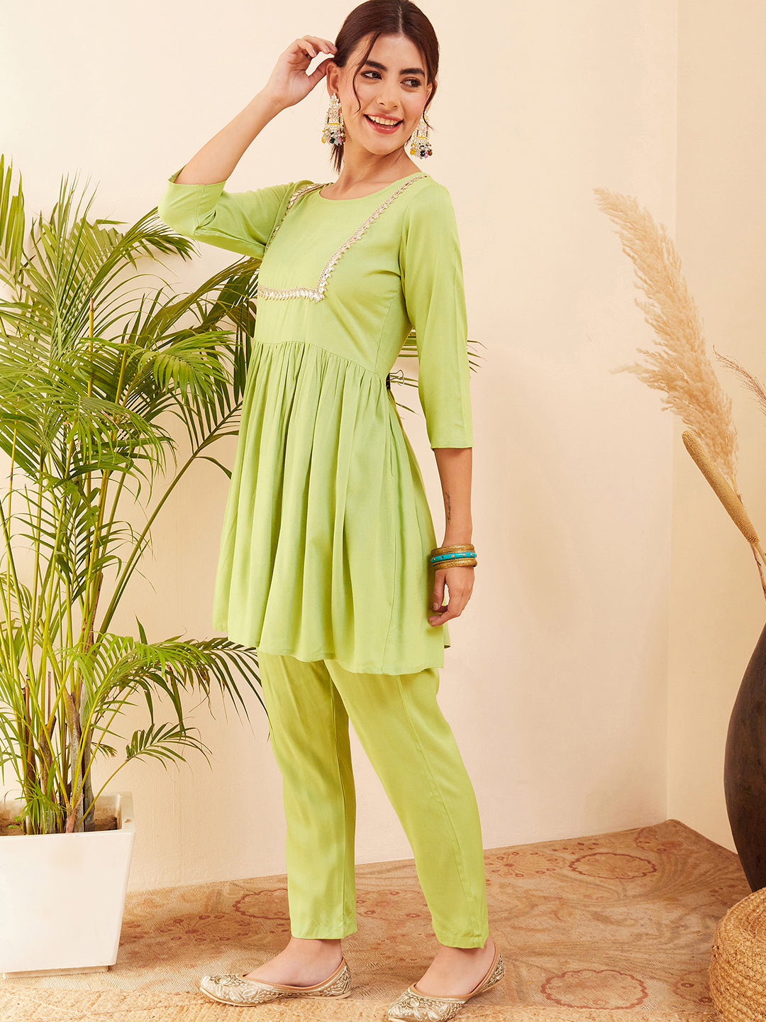 InWeave Women's Pear Green Round Neck Square Gota Work Kurta Pant Set - Distacart