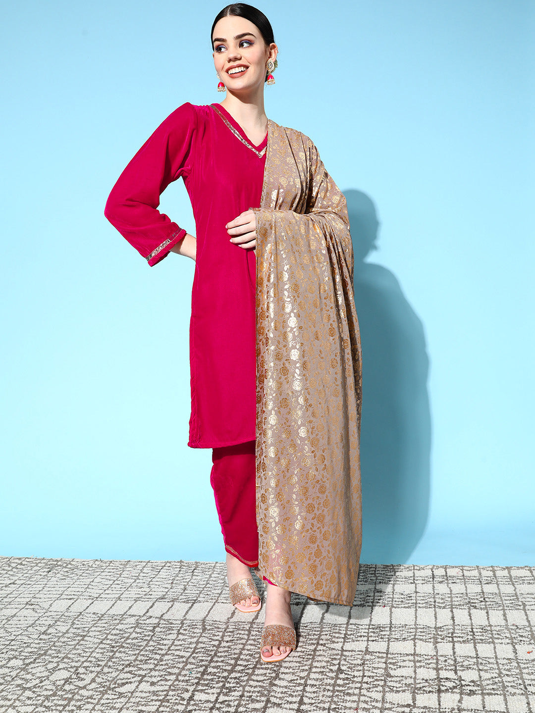 InWeave Women's Fuschia Velvet Kurta Set With Grey Gold Georgette Dupatta - Distacart