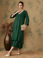 Thumbnail for InWeave Women's Pine Green Lurex Flared V Neck Kurta Palazzo Set - Distacart