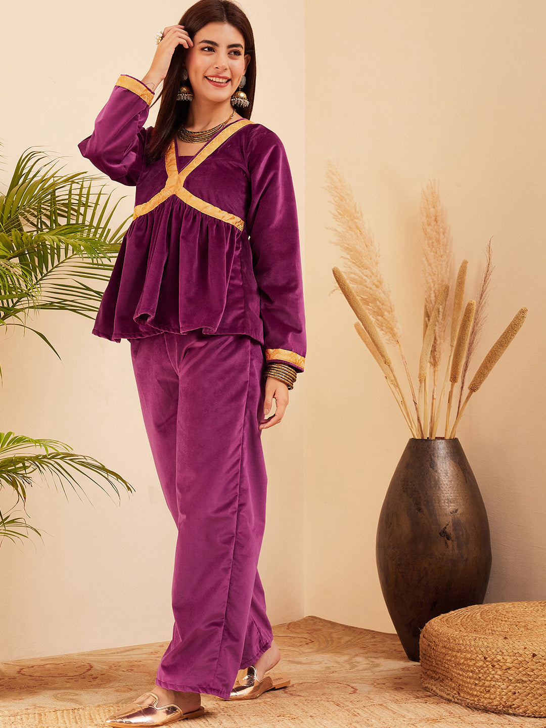 InWeave Women's Wine Mughal Shaan Style Velvet Short Kurta Set - Distacart