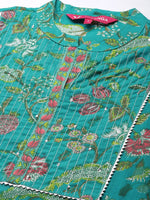 Thumbnail for Varanga Women Turq Printed Cotton Kurta With Silver Gotta Lace Detailings - Distacart