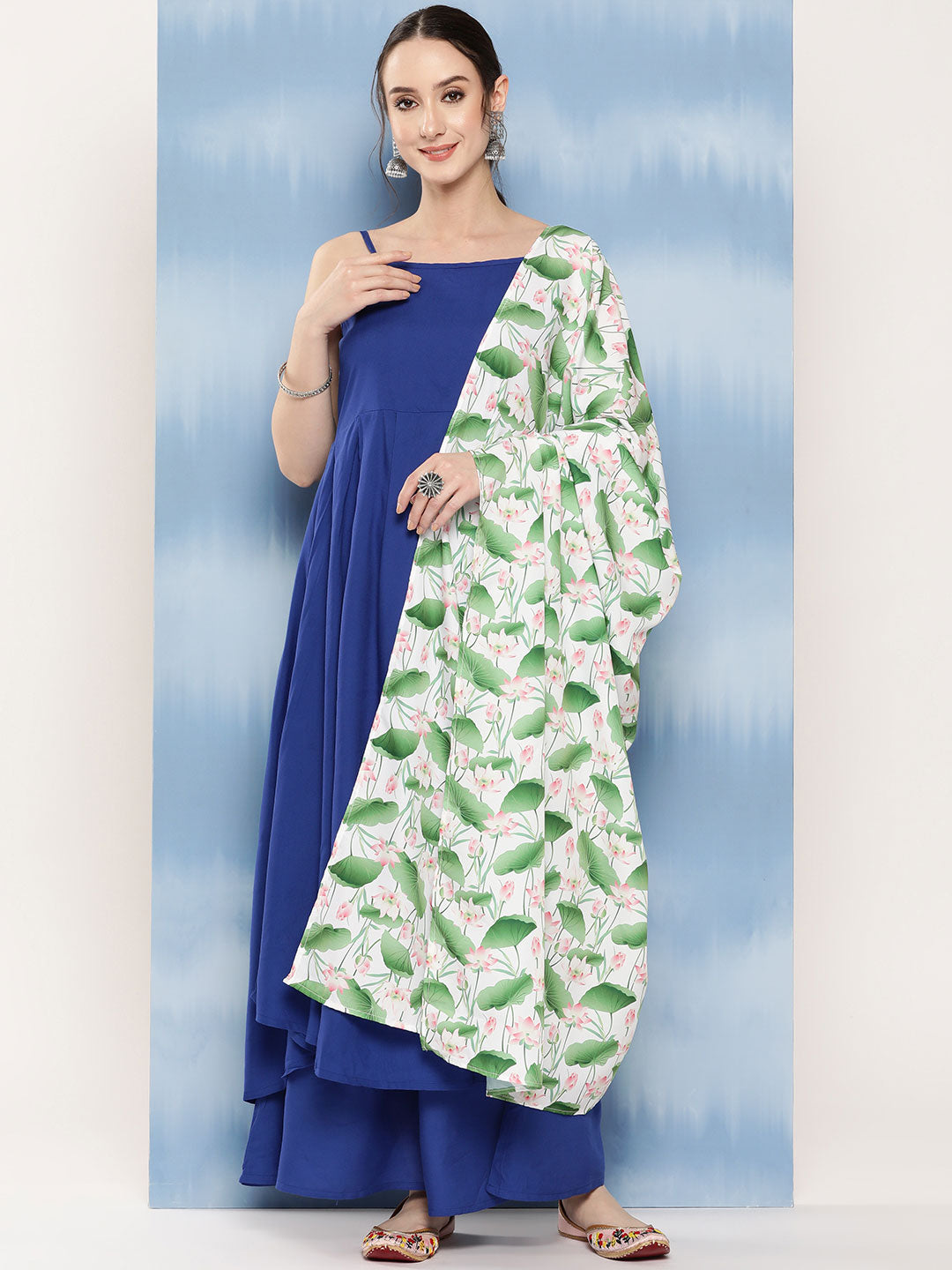 InWeave Women's Ink Blue Strappy Set W White Pink Lotus Cr Duptta - Distacart