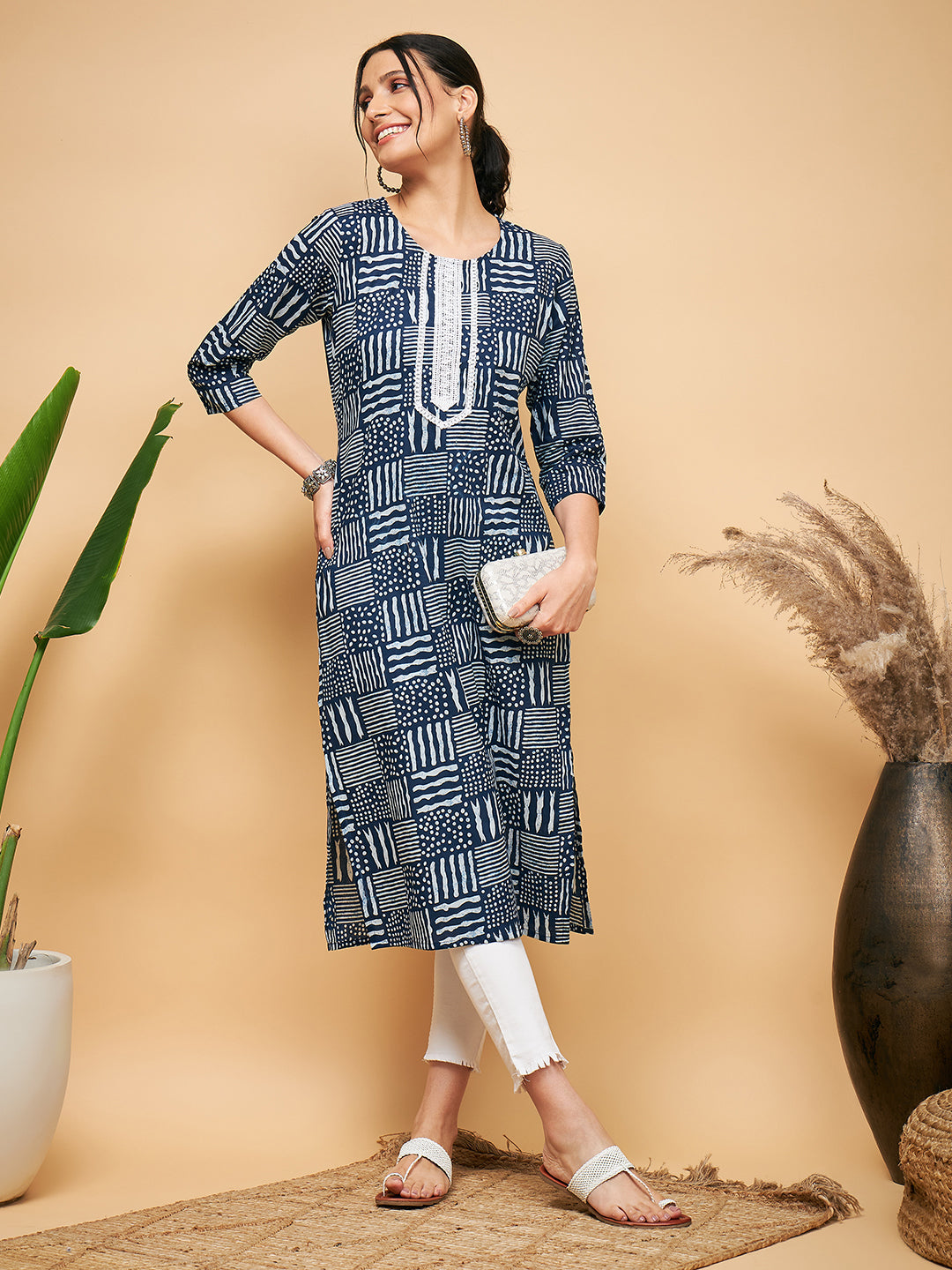 InWeave Women's Ankola Indigo With Tiles Hand Block Print Lace Straight Kurta - Distacart