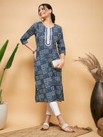 Thumbnail for InWeave Women's Ankola Indigo With Tiles Hand Block Print Lace Straight Kurta - Distacart