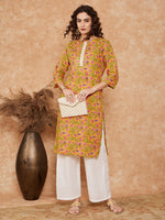 Thumbnail for InWeave Women's Mustard Green Lace Gota Work Straight Kurta - Distacart