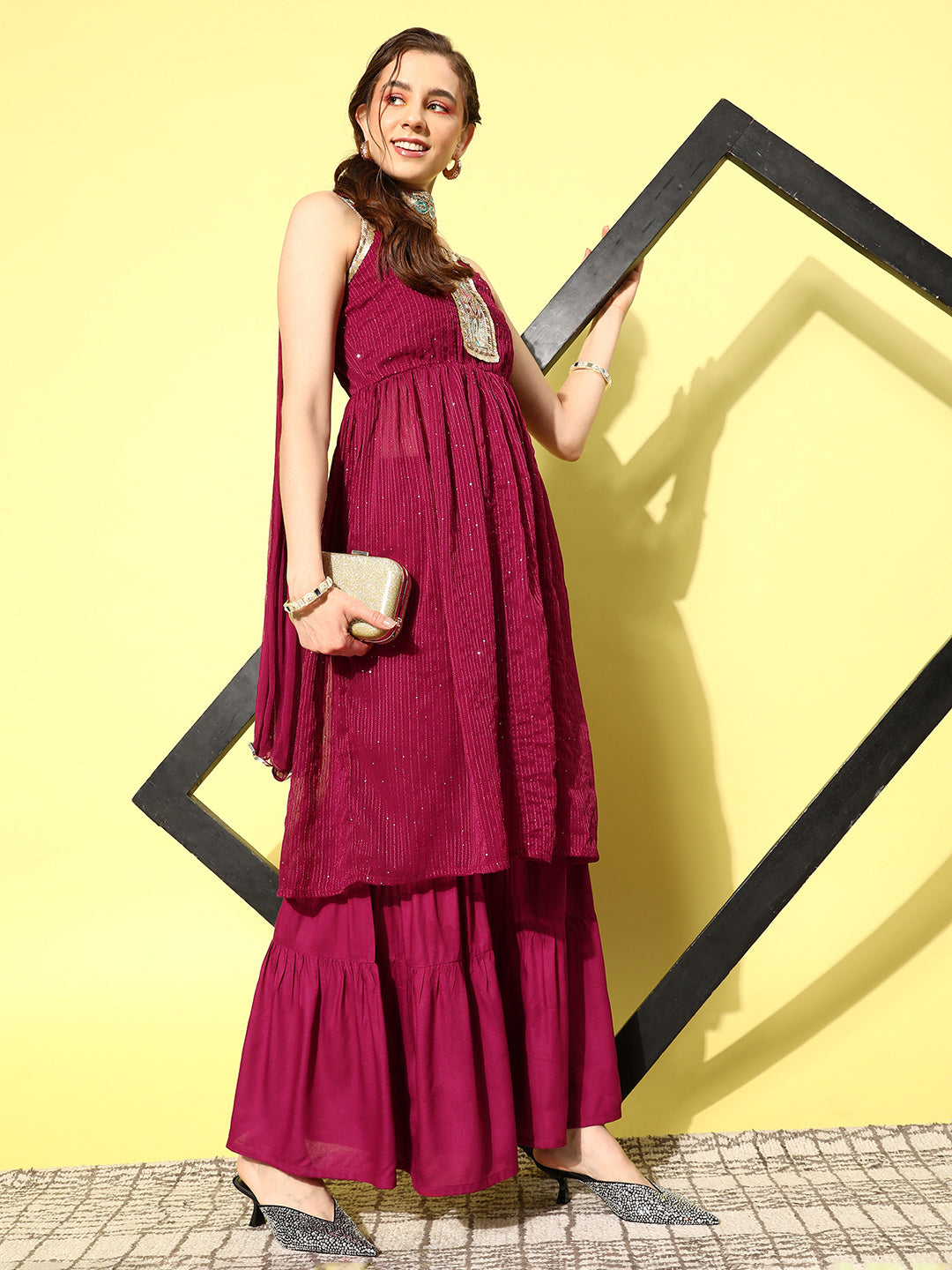 InWeave Women's Maroon Gota Insert Neckline Sharara Set - Distacart