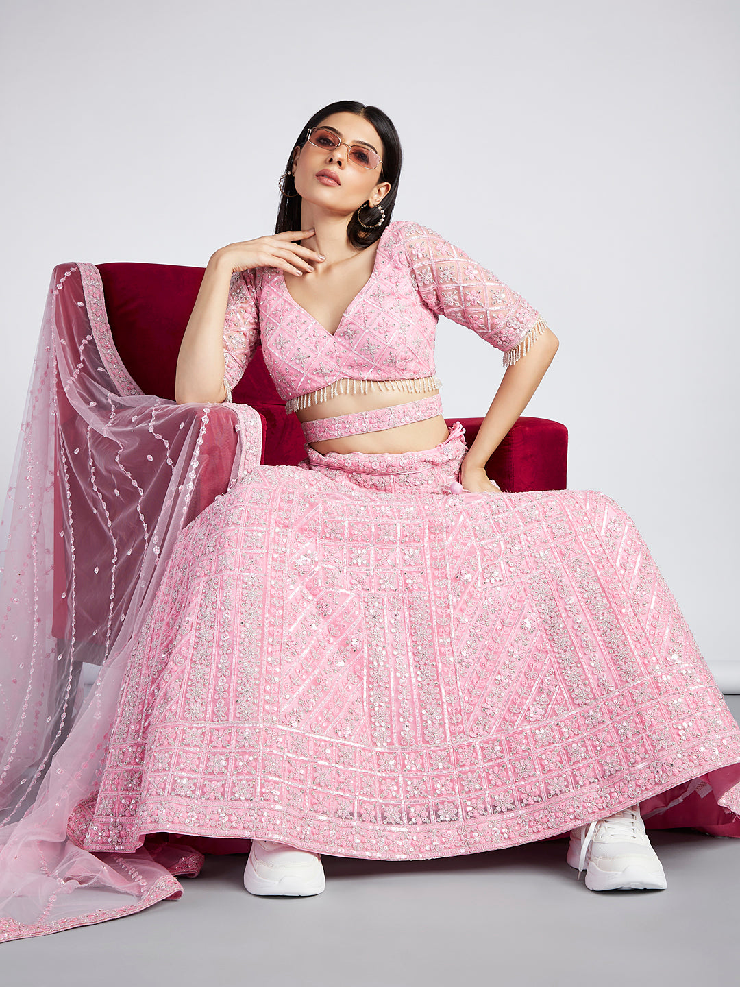 House of Panchhi Pink Net Sequins, Zarkan And Thread Embroidery Lehenga Choli & Dupatta - Distacart