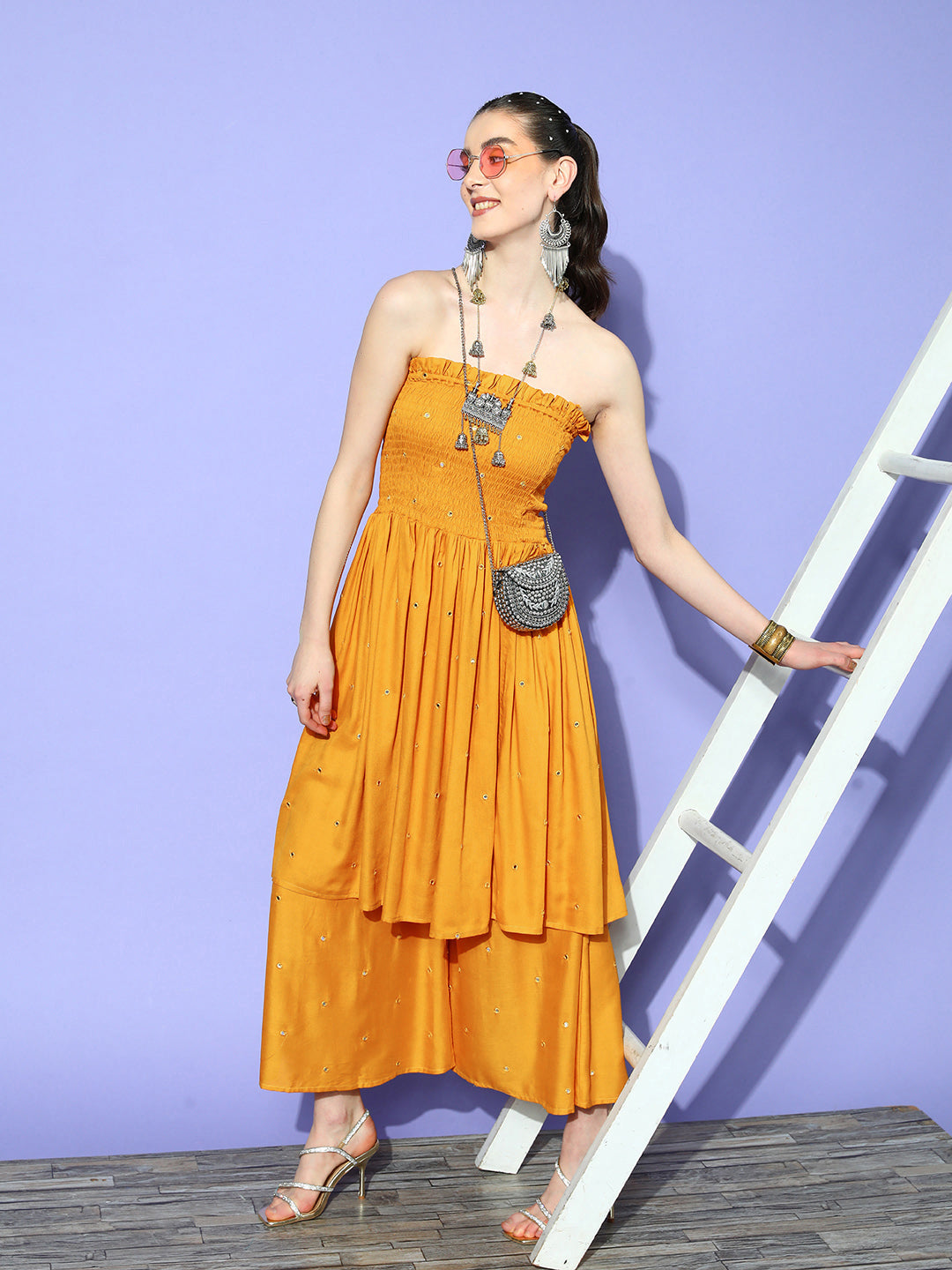 InWeave Women's Mustard Mirror Work Off Shoulder Kurta Set - Distacart