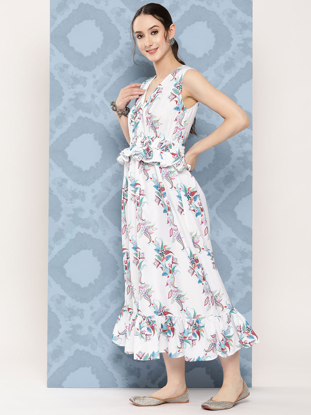 InWeave Women's White Floral Paisley Print Long Frill Dress - Distacart