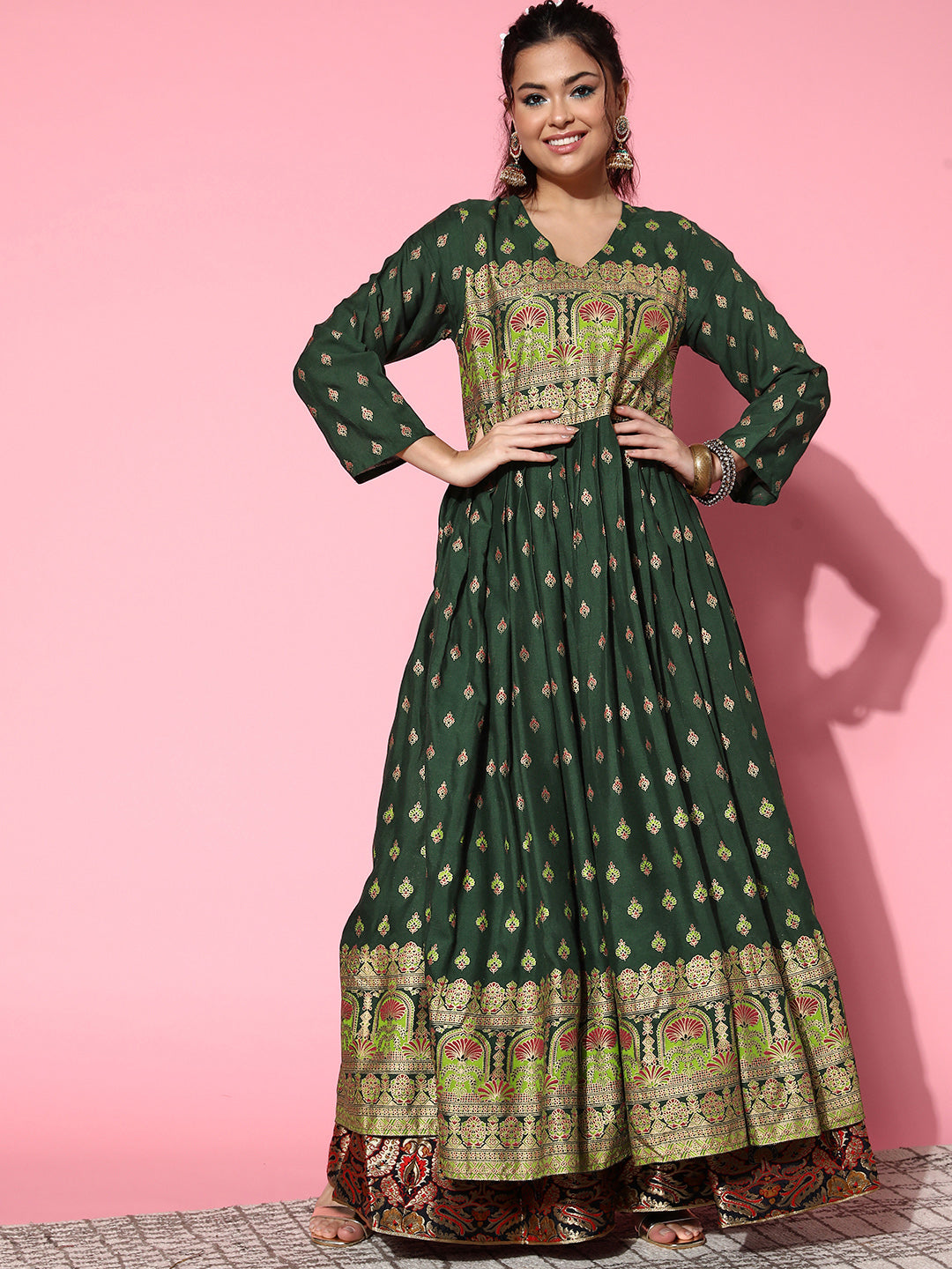 InWeave Women's Bottle Green Gold Border Anarkali Kurta - Distacart