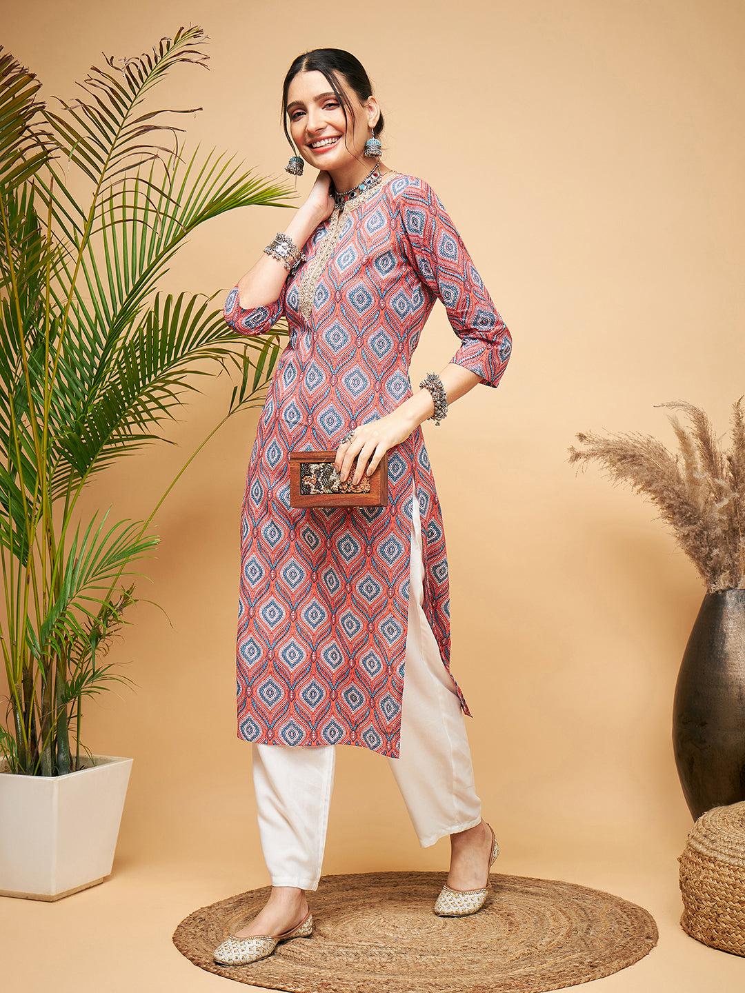 InWeave Women's Red Blue Ogee Print Gota Straight Kurta - Distacart