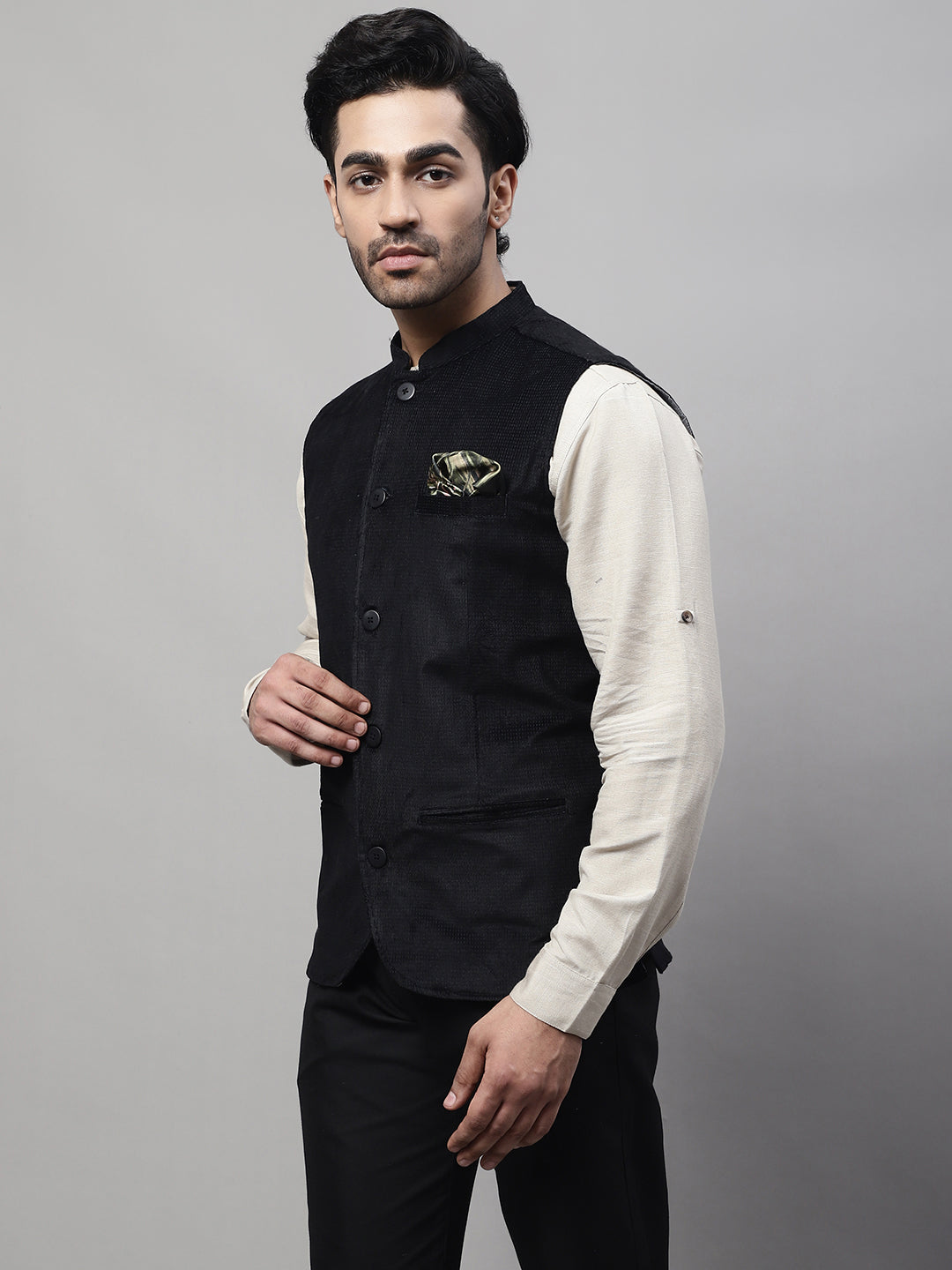 Even Apparels Men's Black Nehru Jacket With Welt Pockets - Distacart