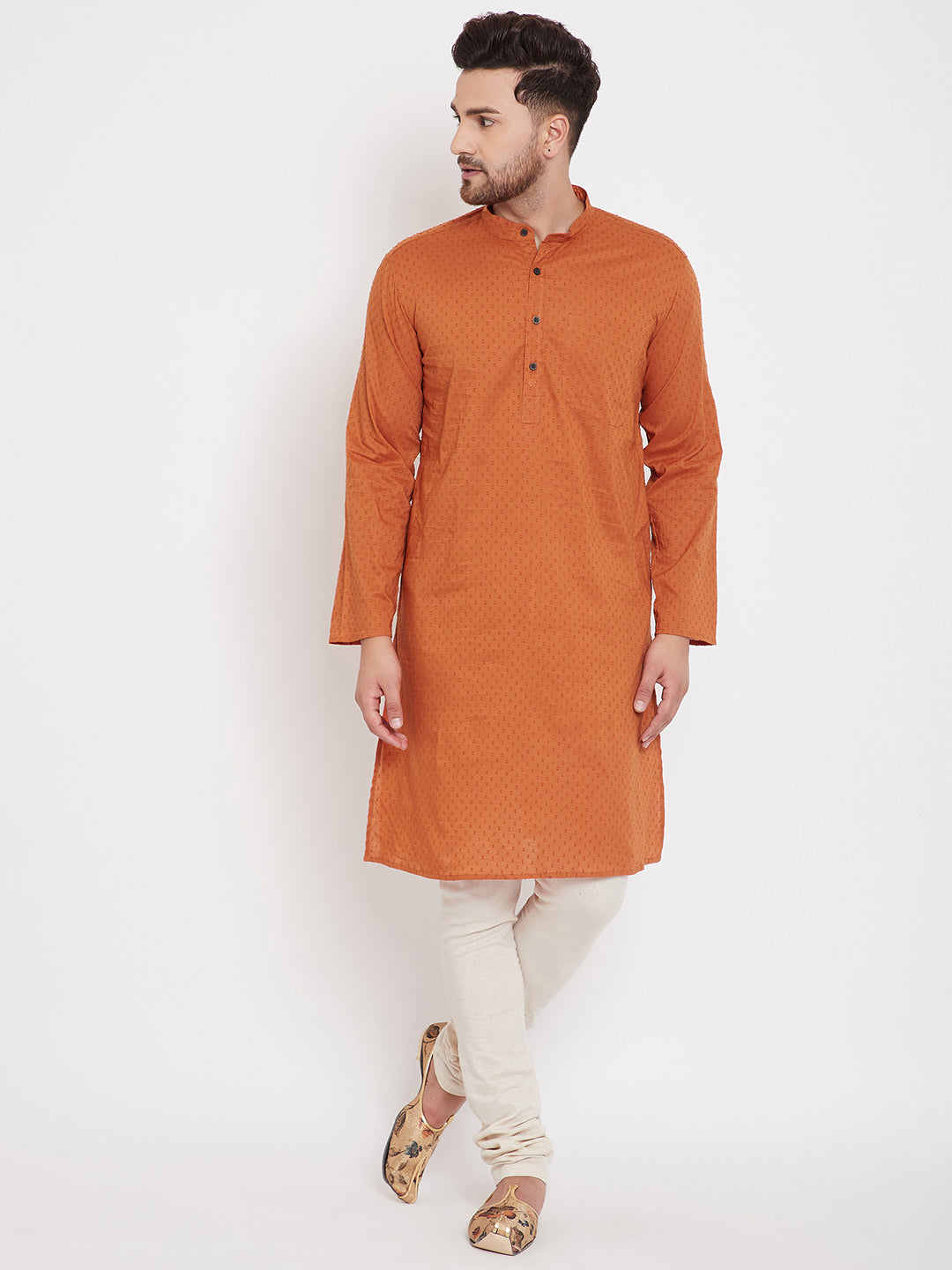 Even Apparels Orange Pure Cotton Kurta With Band Collar - Distacart