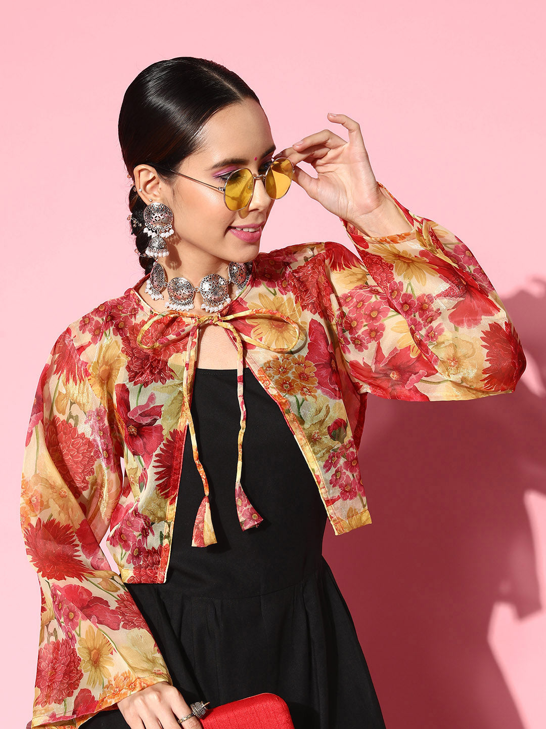 InWeave Women's Black Strappy Set With Red Pink Floral Short Organza Cape - Distacart