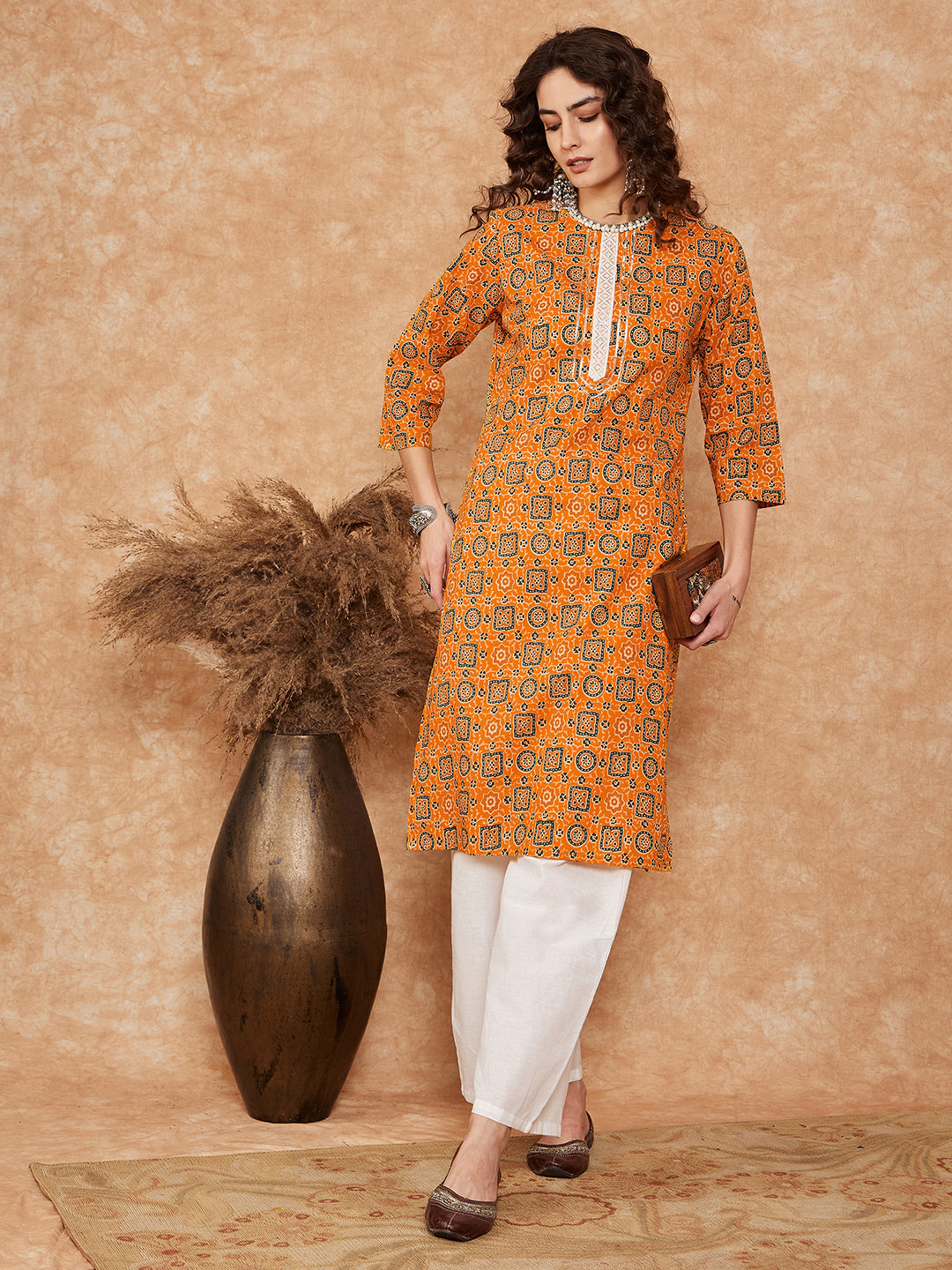 InWeave Women's Mustard Ethnic Print Lace Gota Work Straight Kurta - Distacart