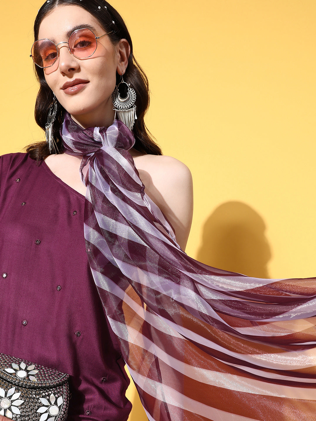 InWeave Women's Wine Mirror Work One Shoulder Kurta Set With Dupatta - Distacart