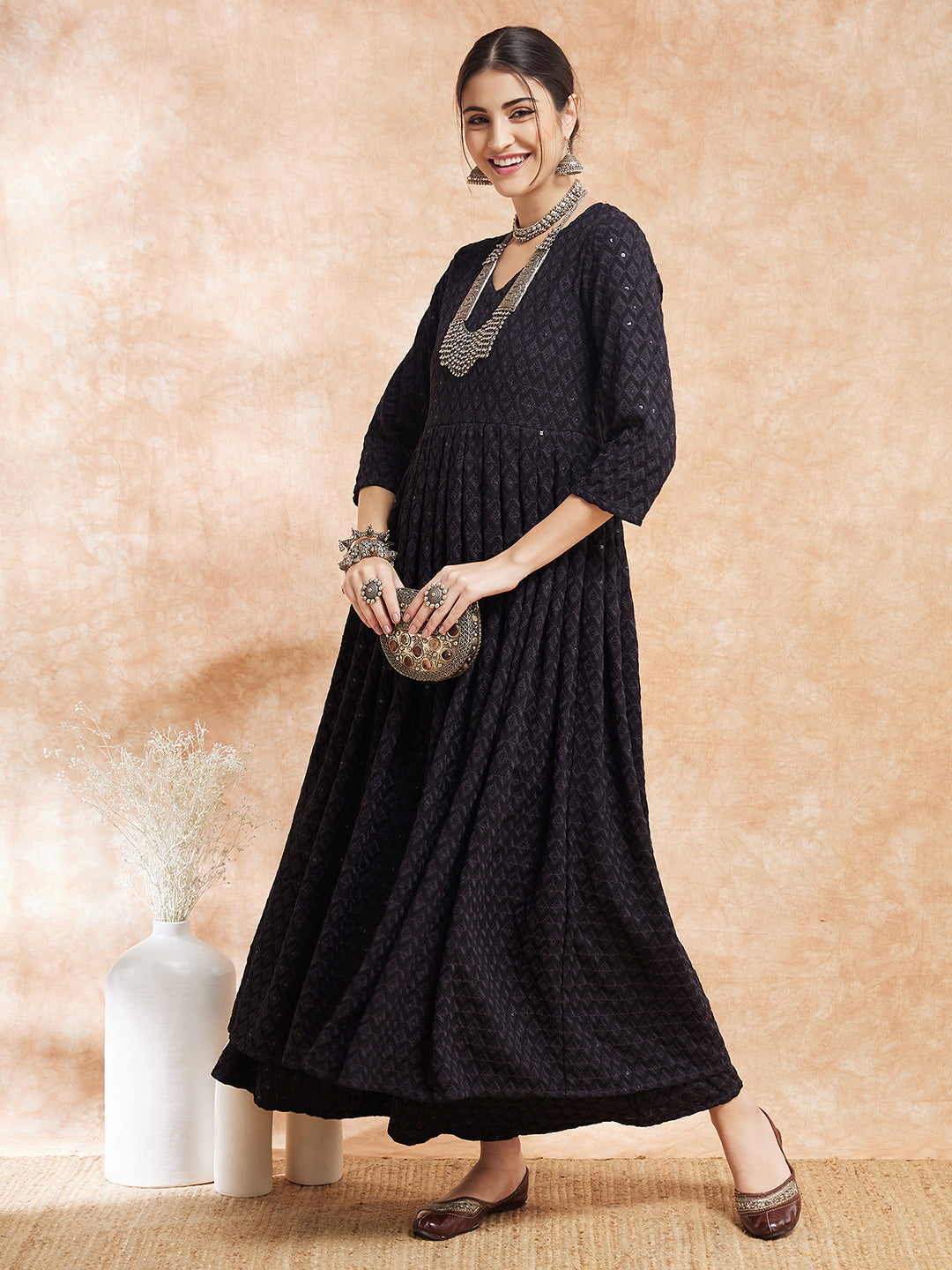 InWeave Women's Black Chikankari Long Anarkali Kurta Sharara Set - Distacart