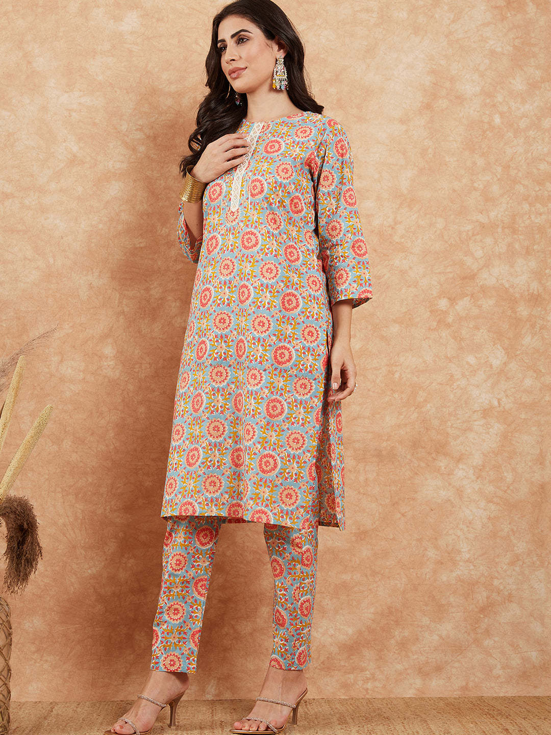 InWeave Women's Light Blue Floral Jaal Gota Work Straight Kurta Pant Set - Distacart