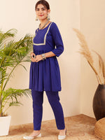 Thumbnail for InWeave Women's Blue Round Neck Square Gota Work Kurta Pant Set - Distacart