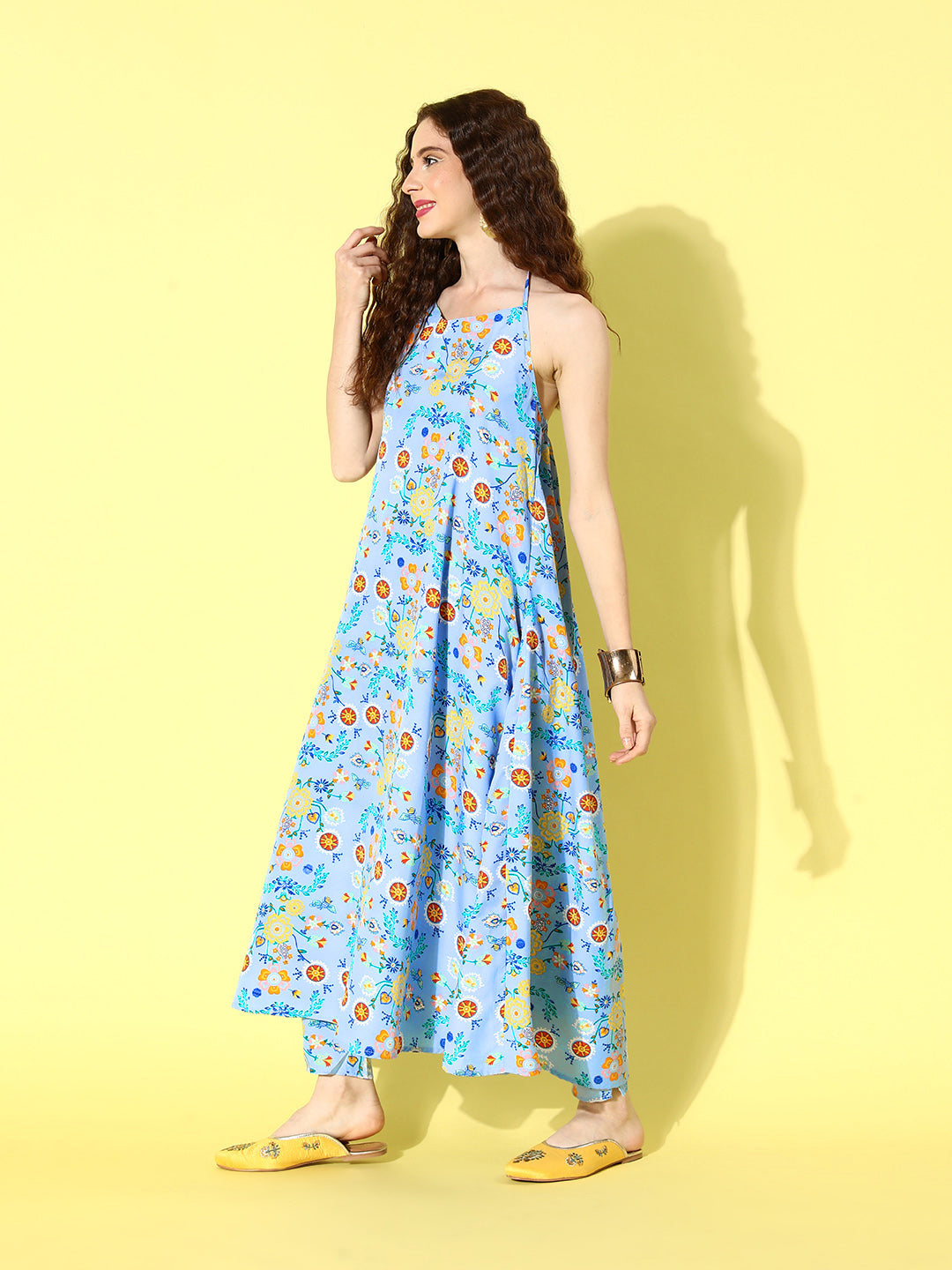 InWeave Women's Sky Blue Print Backless Long Kurta Pant Set - Distacart