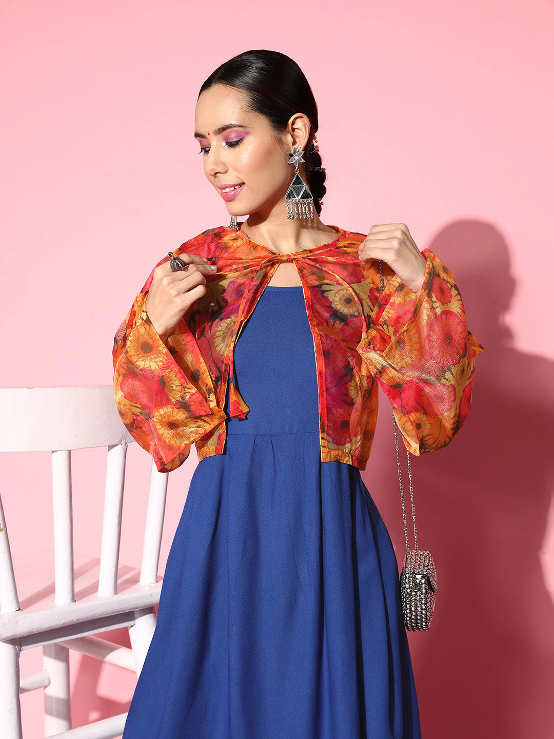 InWeave Women's Ink Blue Strappy Set With Pink Mustard Print Short Organza Cape - Distacart