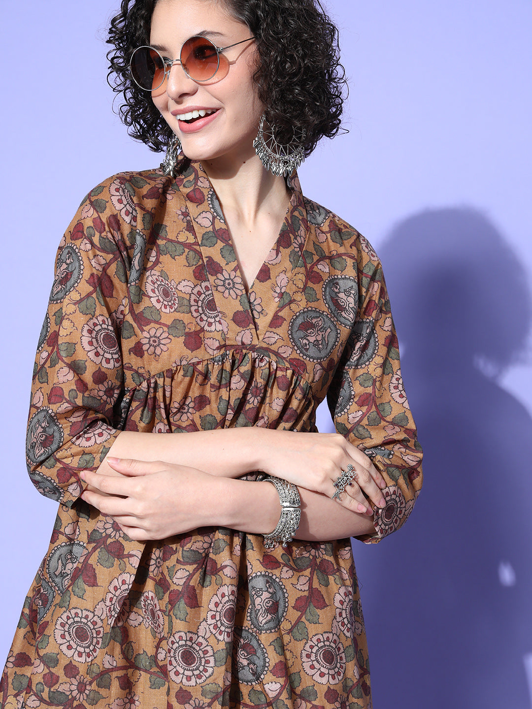 InWeave Women's Ochre Mustard Kalamkari Print Dress - Distacart