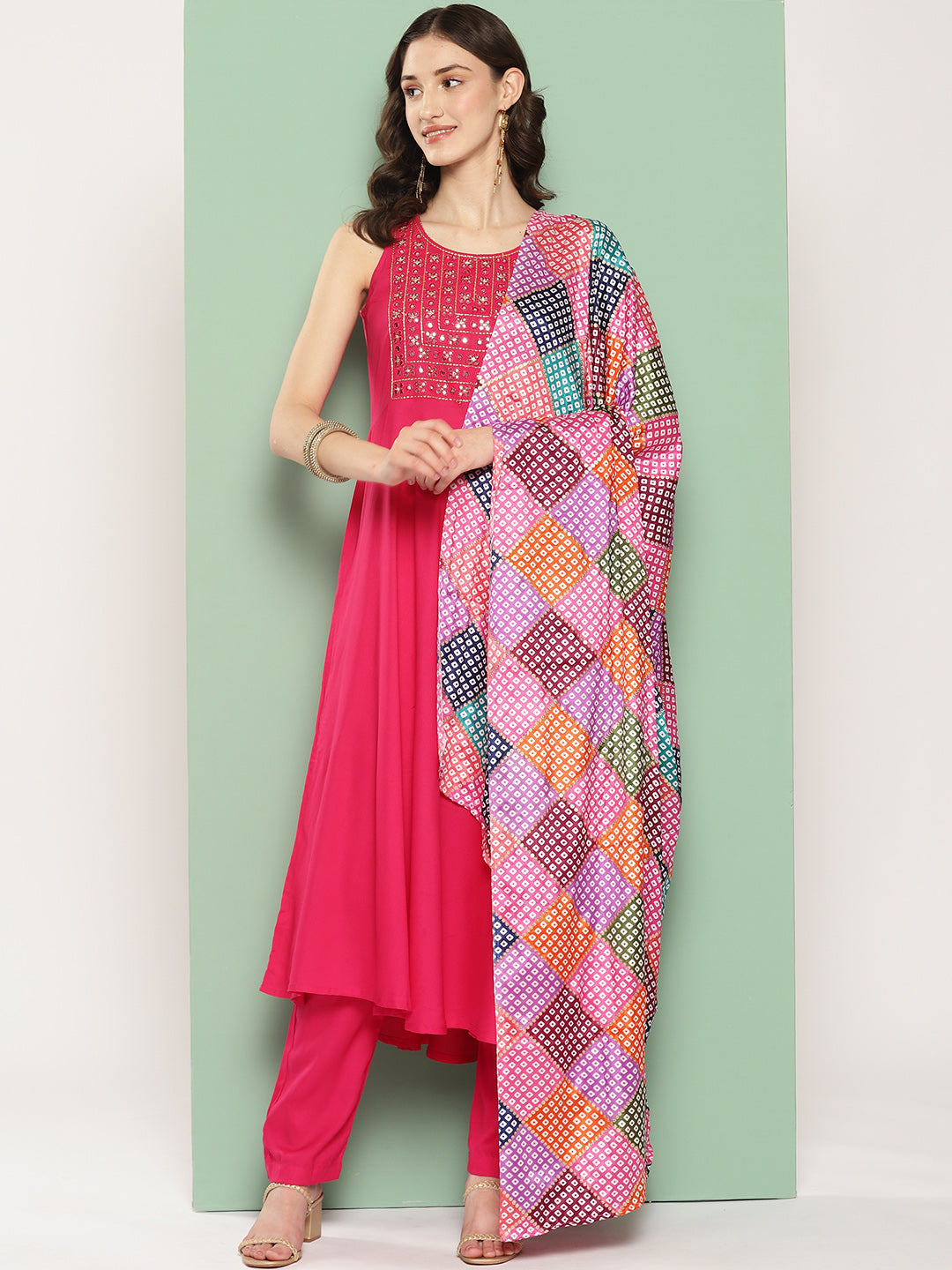 InWeave Women's Fuchsia Mirror Work Strappy Set W Square Bandhani Print Silk Dup - Distacart