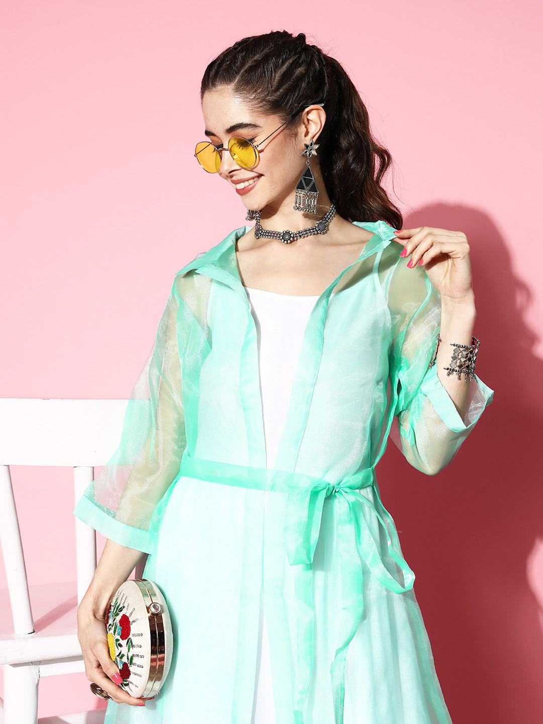 InWeave Women's Cream Strappy Kurta Set With Teal Organza Cape - Distacart