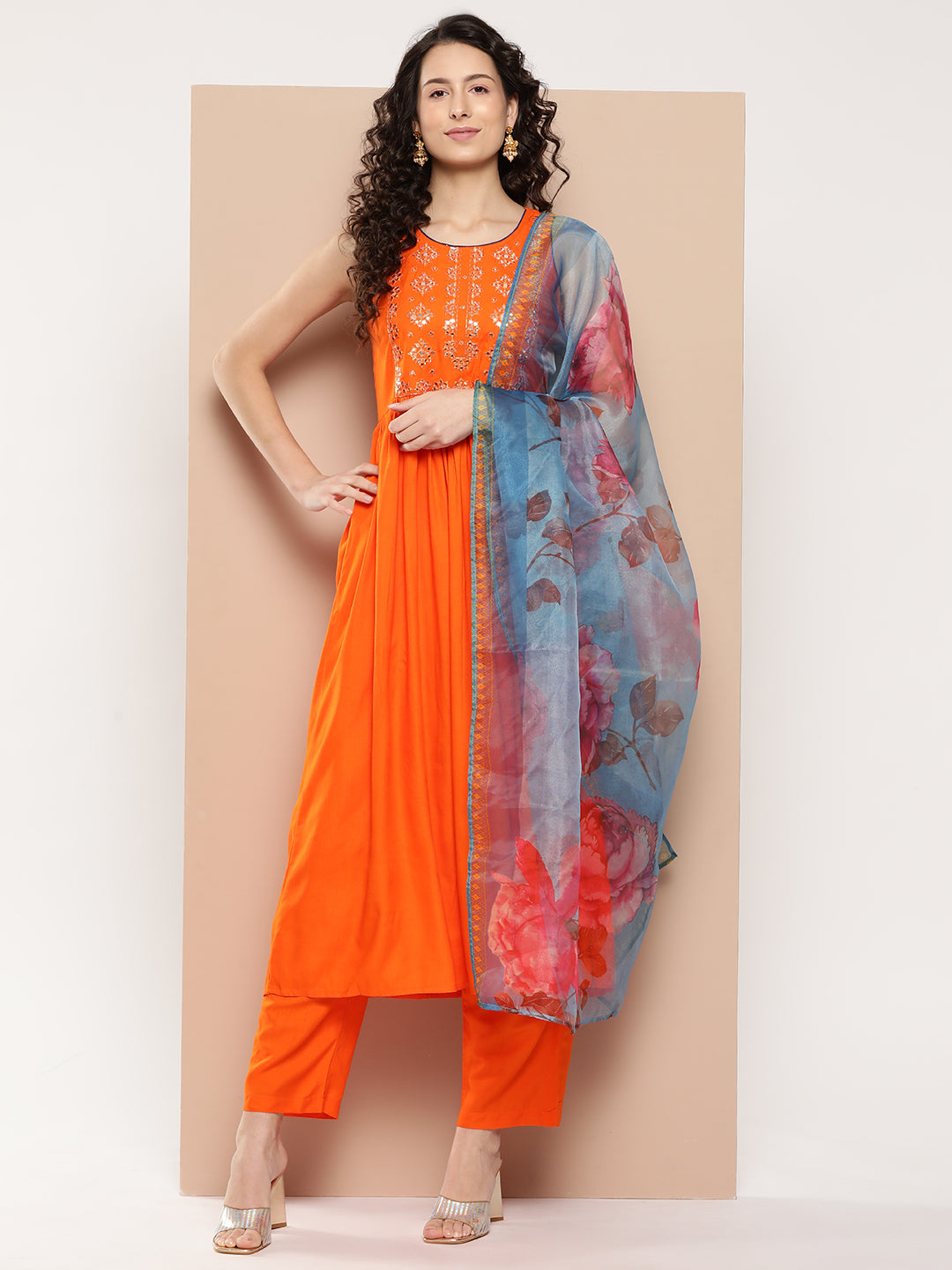 InWeave Women's Orange Mirror Work Aline Strappy Kurta Set Blue Fuchsia Or Dupatta - Distacart