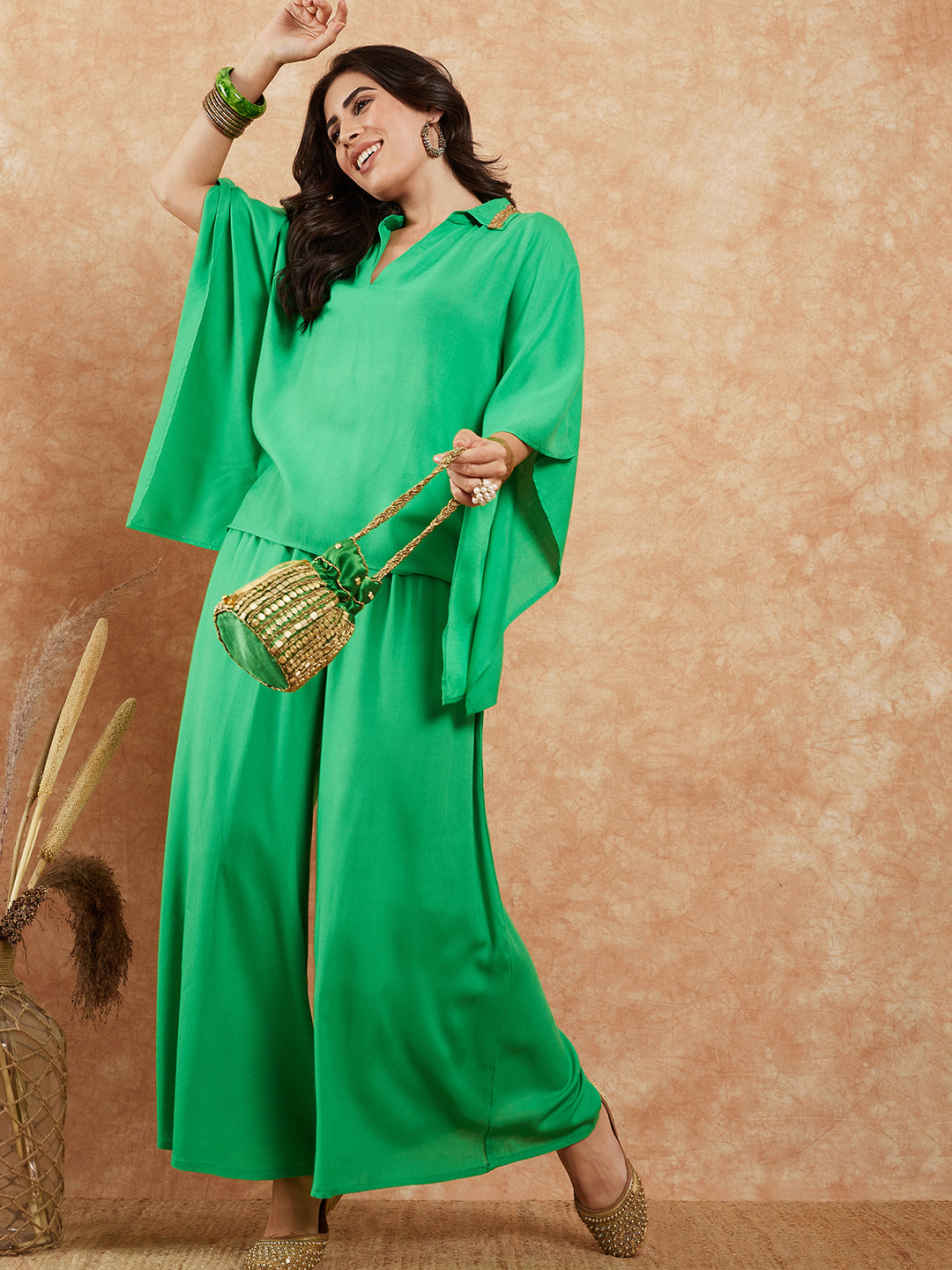 InWeave Women's Parrot Green Solid Collar Neck Boho Top Bottom Set - Distacart